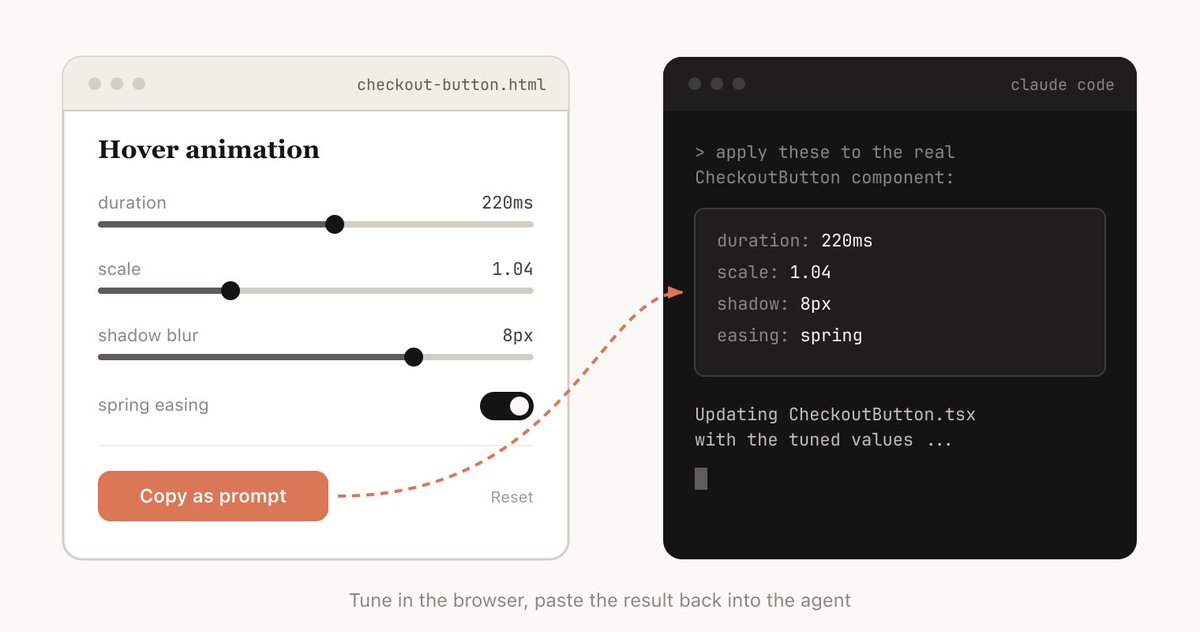 Two-way interaction: tune values in the browser and paste them back into Claude Code